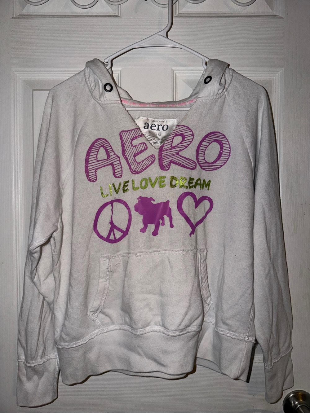 Aeropostale White Hoodie with Purple & Green Graphics